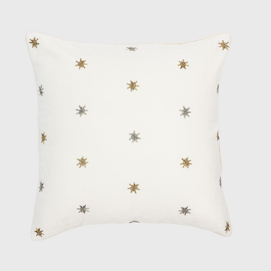 Embroidered star pillow, cream cotton velvet