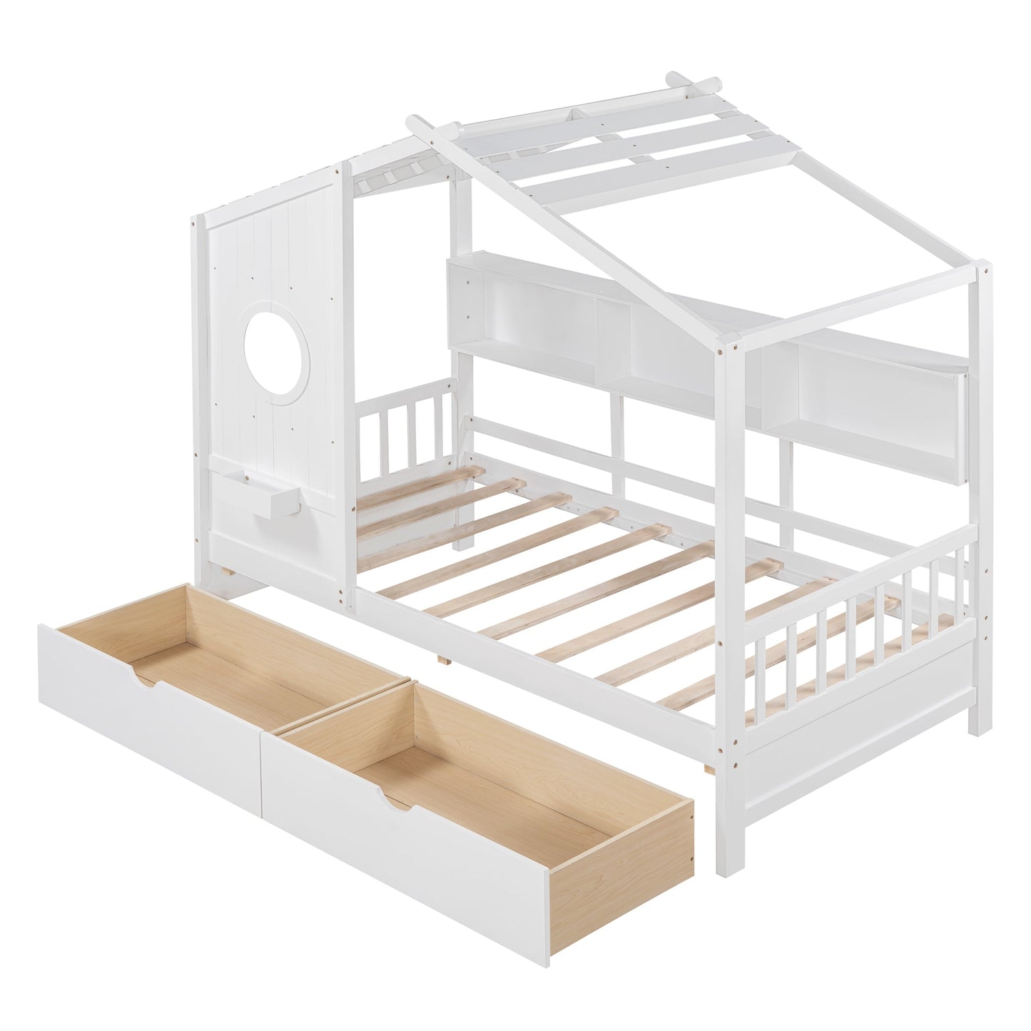 Wooden Twin Size House Bed with 2 Drawers,Kids Bed with Storage Shelf, White(Old SKU: HL000051AAK)