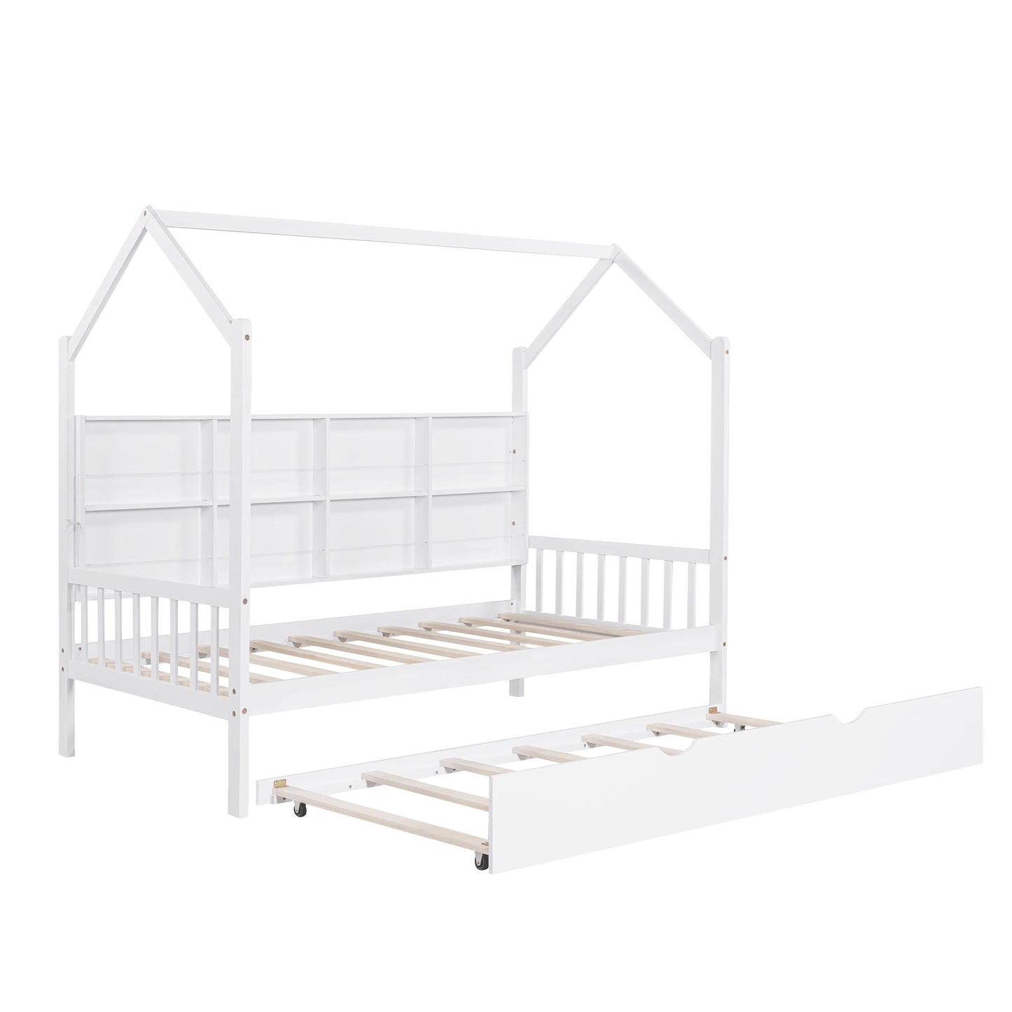 Wooden Twin Size House Bed with Trundle,Kids Bed with Shelf, White (Old SKU: WF297071AAK)