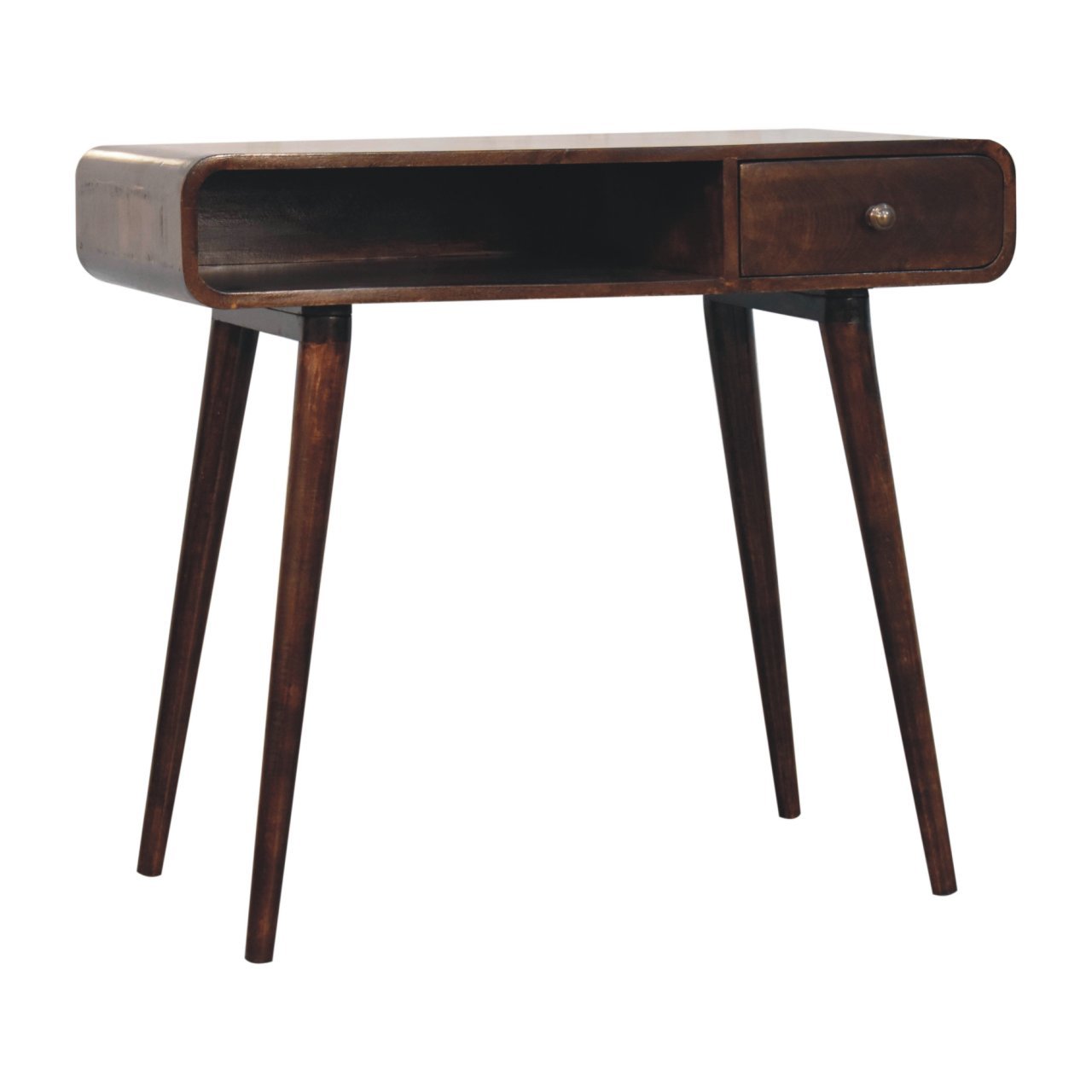 Solid Wood Curved California Walnut Writing Desk, 1-Drawer, 1 Open-Slot, Nordic Legs, Dark Brown