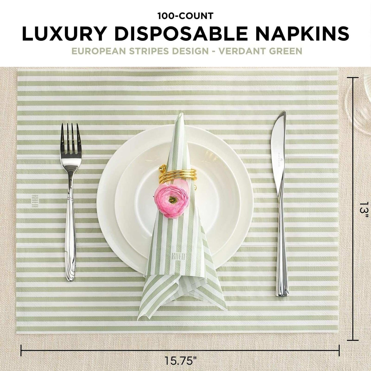 Tonal Striped Disposable Napkin Set in Green, 50 Pieces