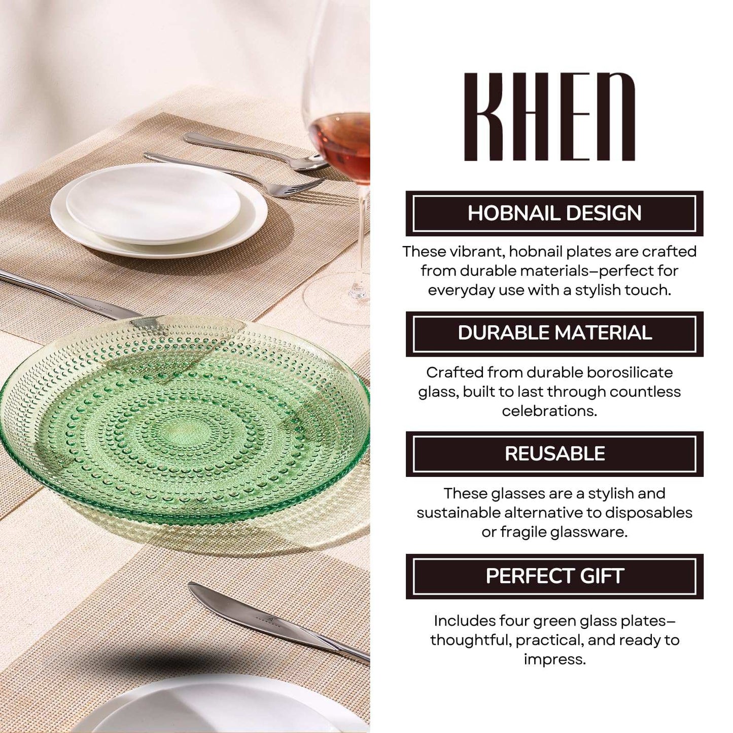 Glass Hobnail Dinner or Charger Plates | Set of 4 | Green