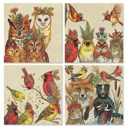 Khen Woodland Napkins, 100 Pack 4 Designs, 5" x 5" Folded Beige Square Disposable