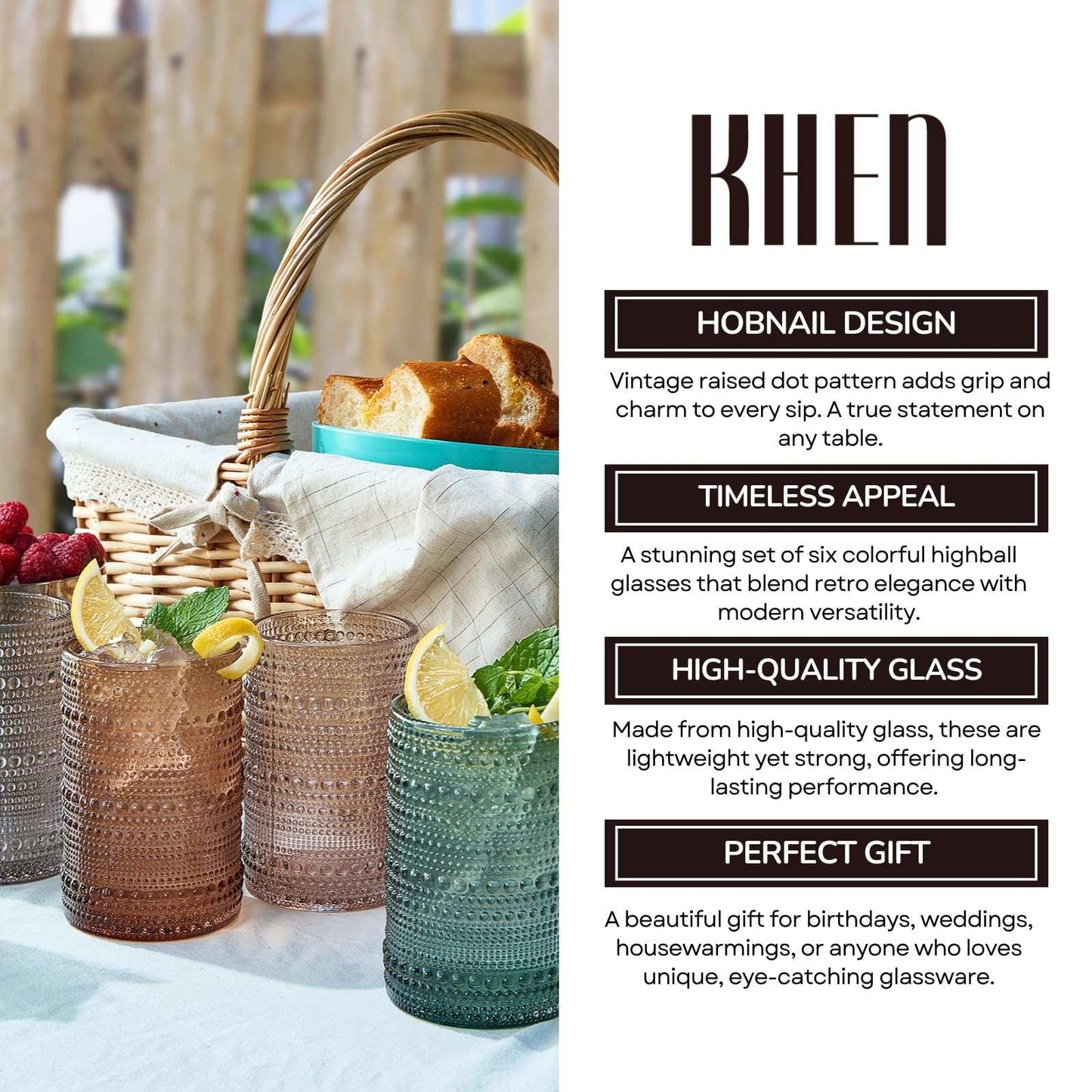 Khen Hobnail Drinking Glasses with Straws | Muted Colors | Set of 6