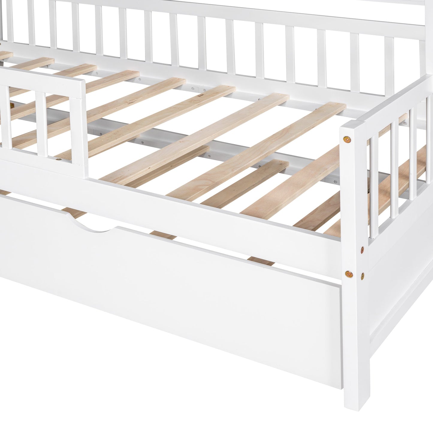 Wooden Twin Size House Bed with Trundle,Kids Bed with Shelf, White(Old SKU:WF301682AAK)