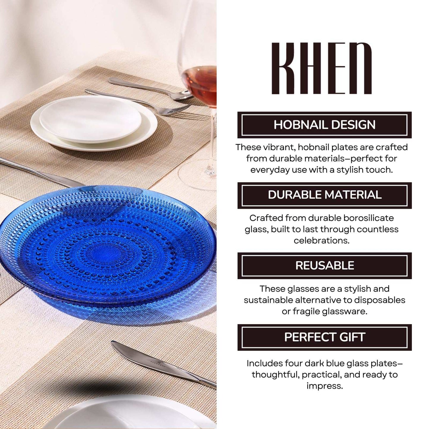 Glass Hobnail Dinner or Charger Plates | Set of 4 | Dark Blue