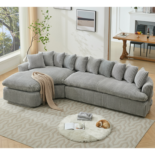 127''  Large Sectional Sofa ,Elegant Curved Design ,High-Resilience Foam ,Ten Back Cushions,L-Shape Left Sofa,No Assembly  Required , (Gray-Soft Corduroy Fabric)