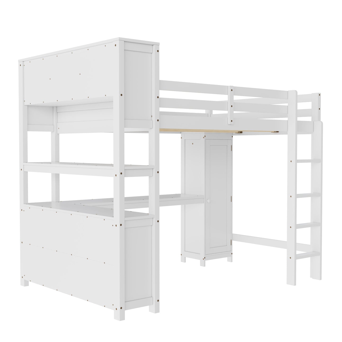 Wood Loft Bed with Cabinet and Bookshelf, Queen Size Loft with Wardrobe and Desk for Kids,White