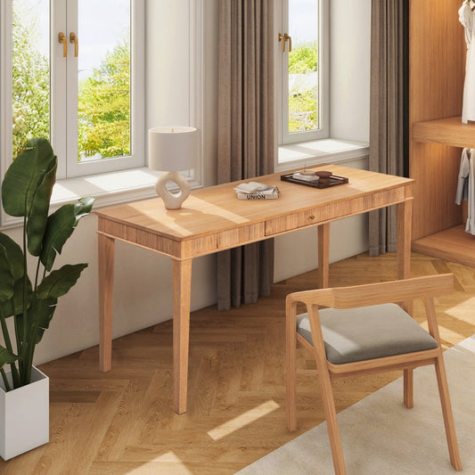 Dumont Modern Farmhouse 1-Drawer Fluted Home Office Writing Desk, Natural Blonde Solid Rubberwood & Rubberwood Veneer
