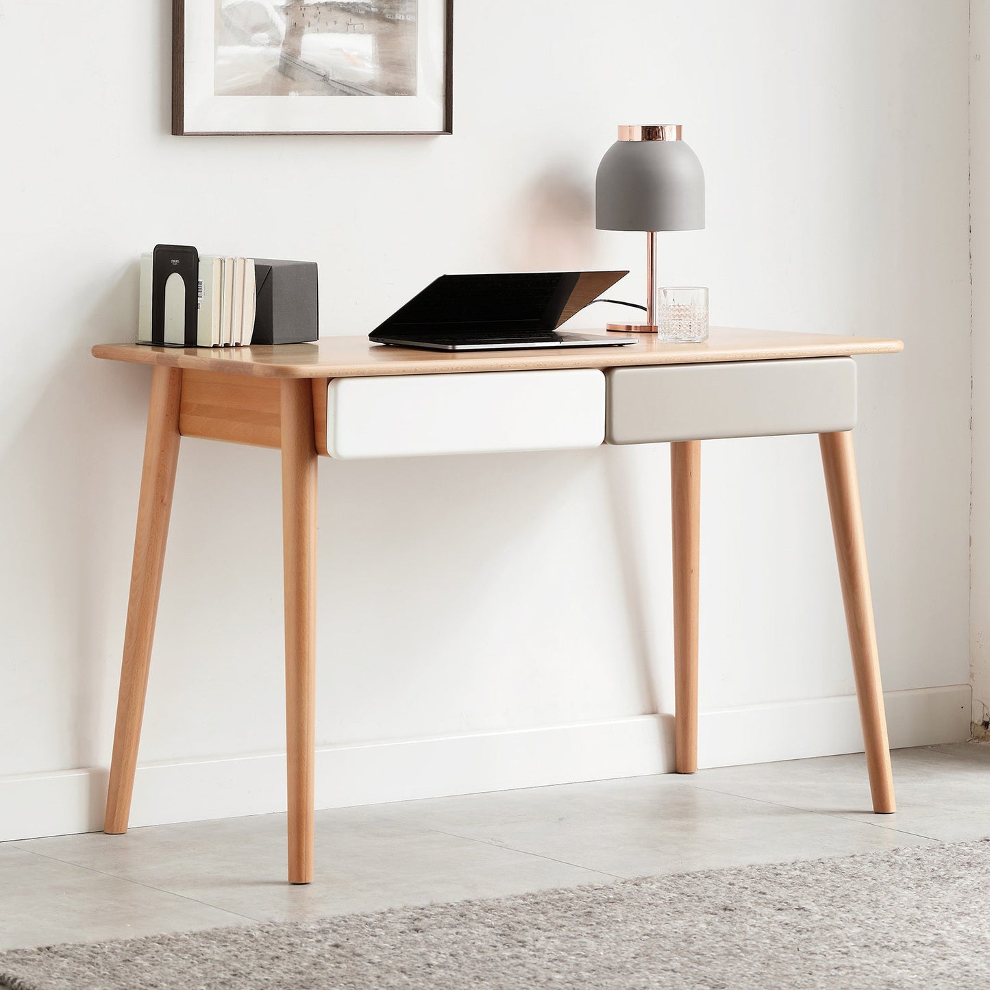 Modern Simple Style Solid Wood Computer Desk with 2 Drawers and Gap Design in Beech, 47''