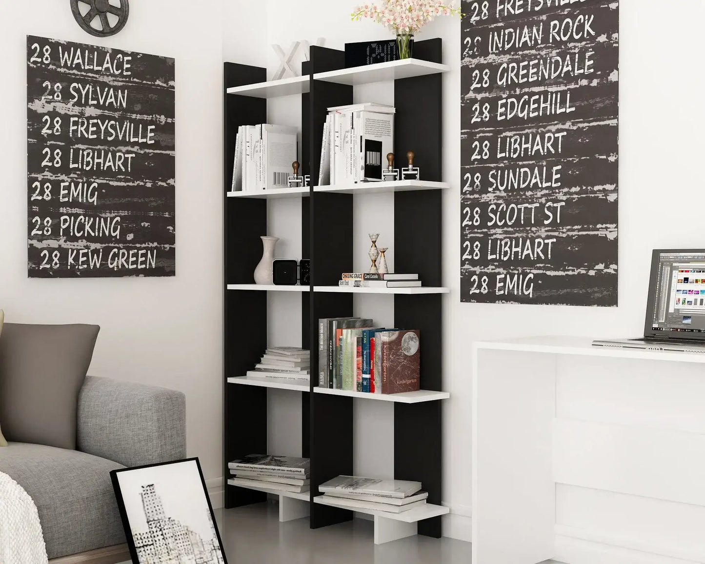 Alice 67” Corner Bookcase – 5-Tier Narrow L-Shaped Wall-Mounted Corner Bookshelf