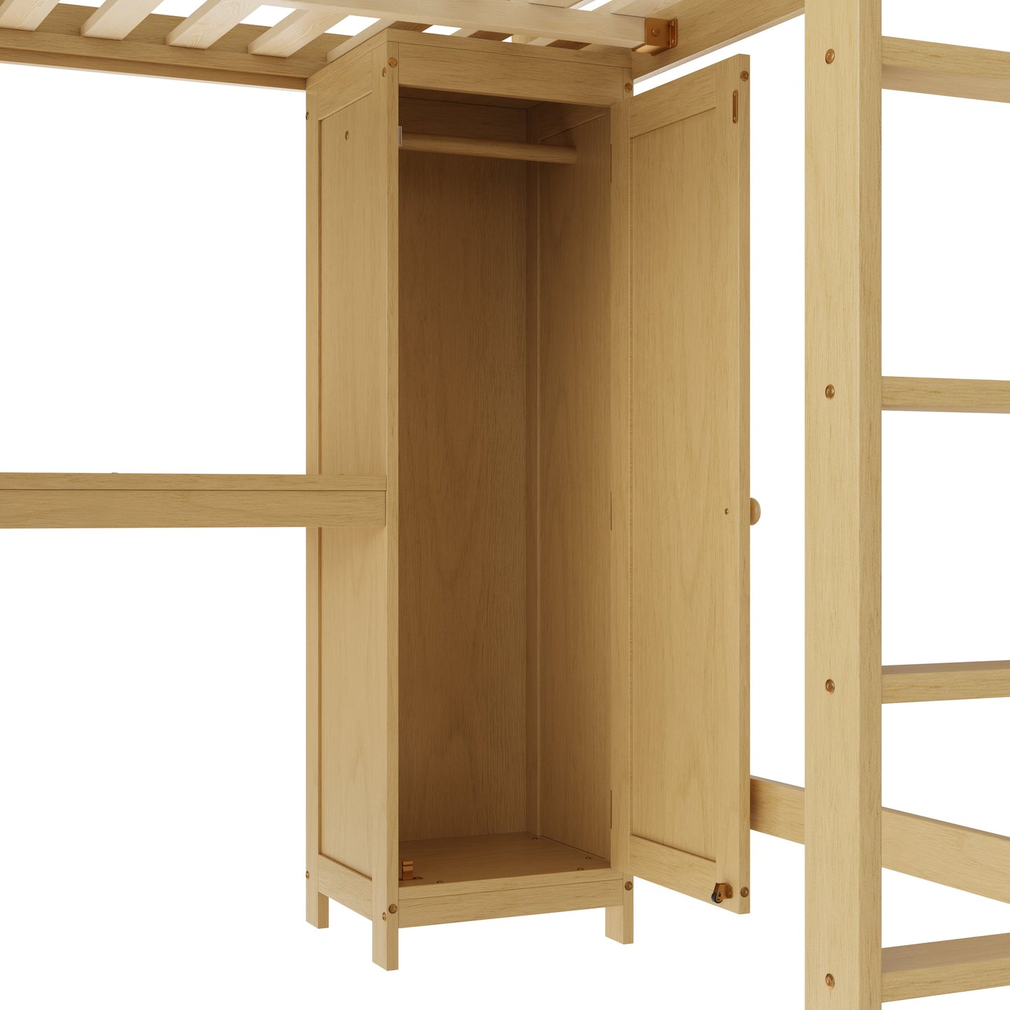 Wood Loft Bed with Cabinet and Bookshelf, Queen Size Loft with Wardrobe and Desk for Kids,Natural