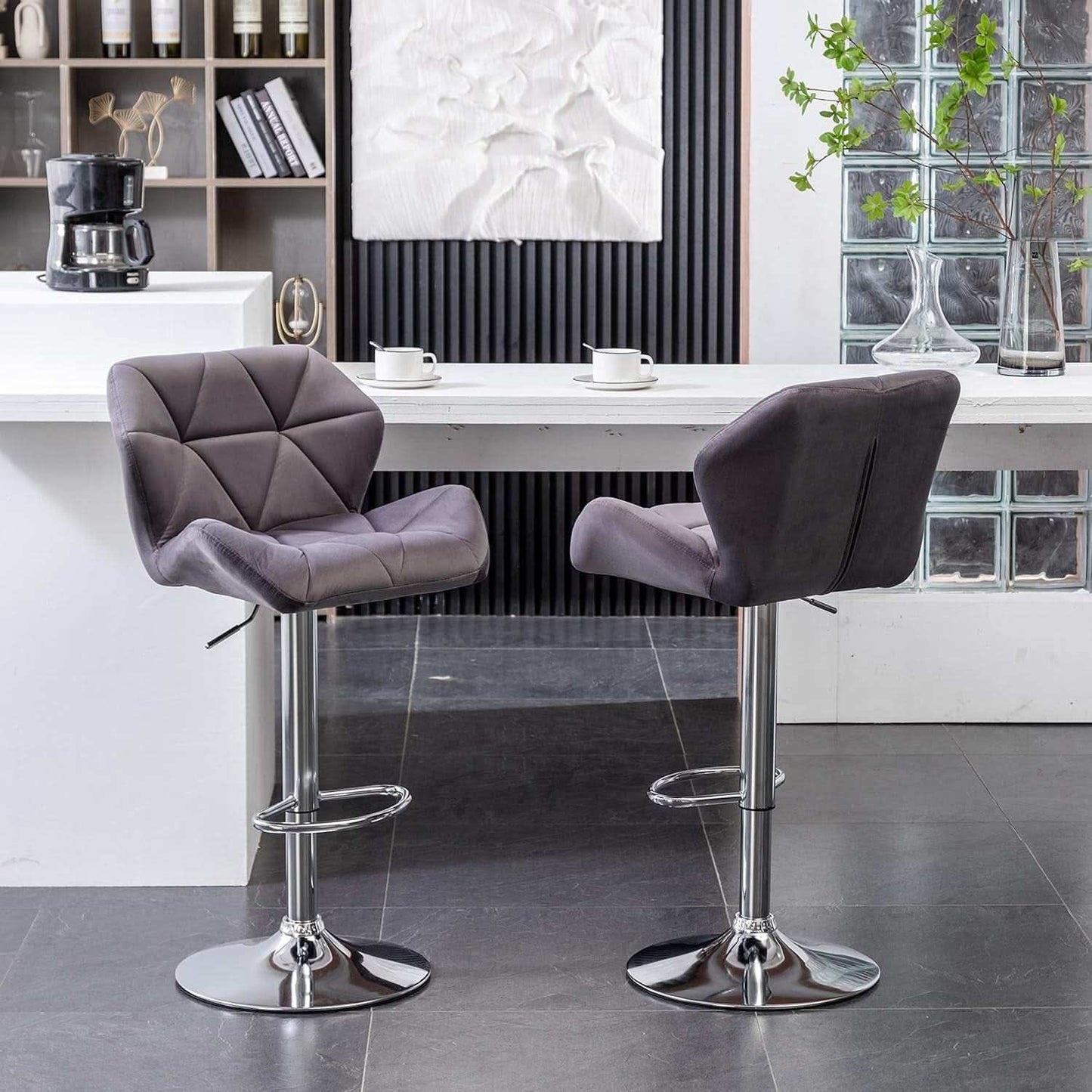 Breni Velvet Diamond Tufted Swivel Adjustable Height Bar Stool Set Of 2 Gray