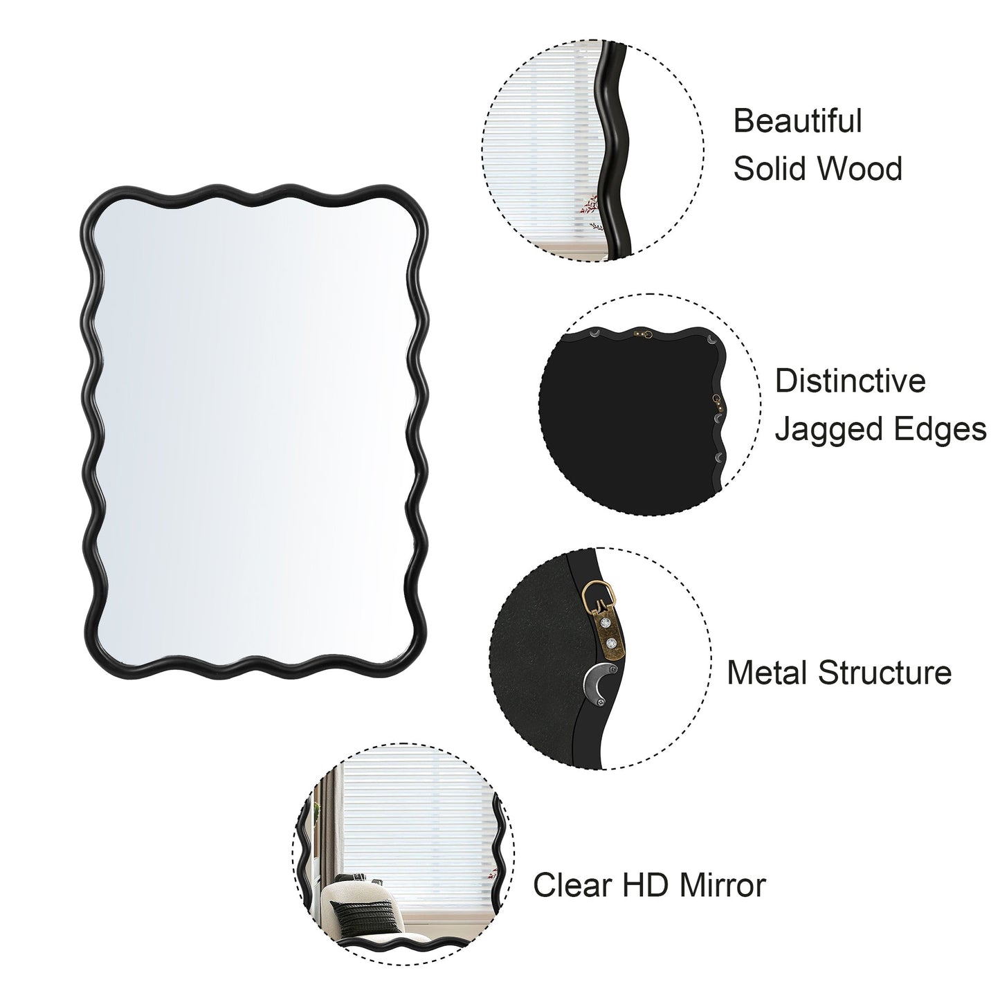 Solid Wood Wavy Rectangle Mirror-Black 40" x 28" Modern Mirror Wall Decor for Bathroom, Bedroom, Living Room, Dining Room, Cloakroom, Entryway