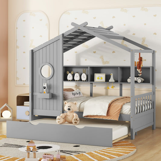 Wooden Twin Size House Bed With Trundle, Modern Design for Kids with Storage Shlef, Gray(old SKU HL000094AAE)