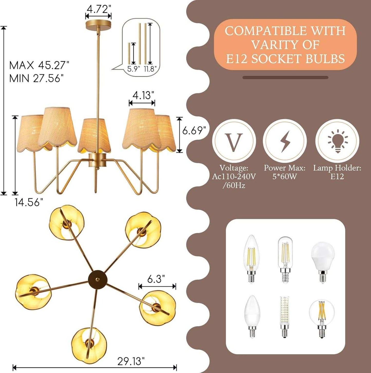 28 Inch Rattan Chandelier Antique Brass Five Light Pendant With Flower Shade Lamps