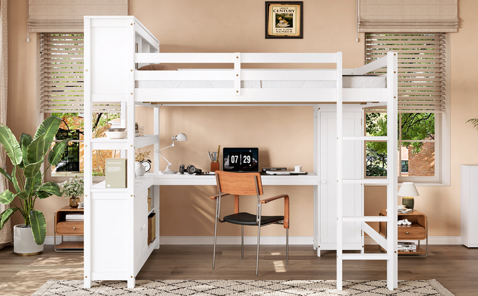 Wood Loft Bed with Cabinet and Bookshelf, Queen Size Loft with Wardrobe and Desk for Kids,White