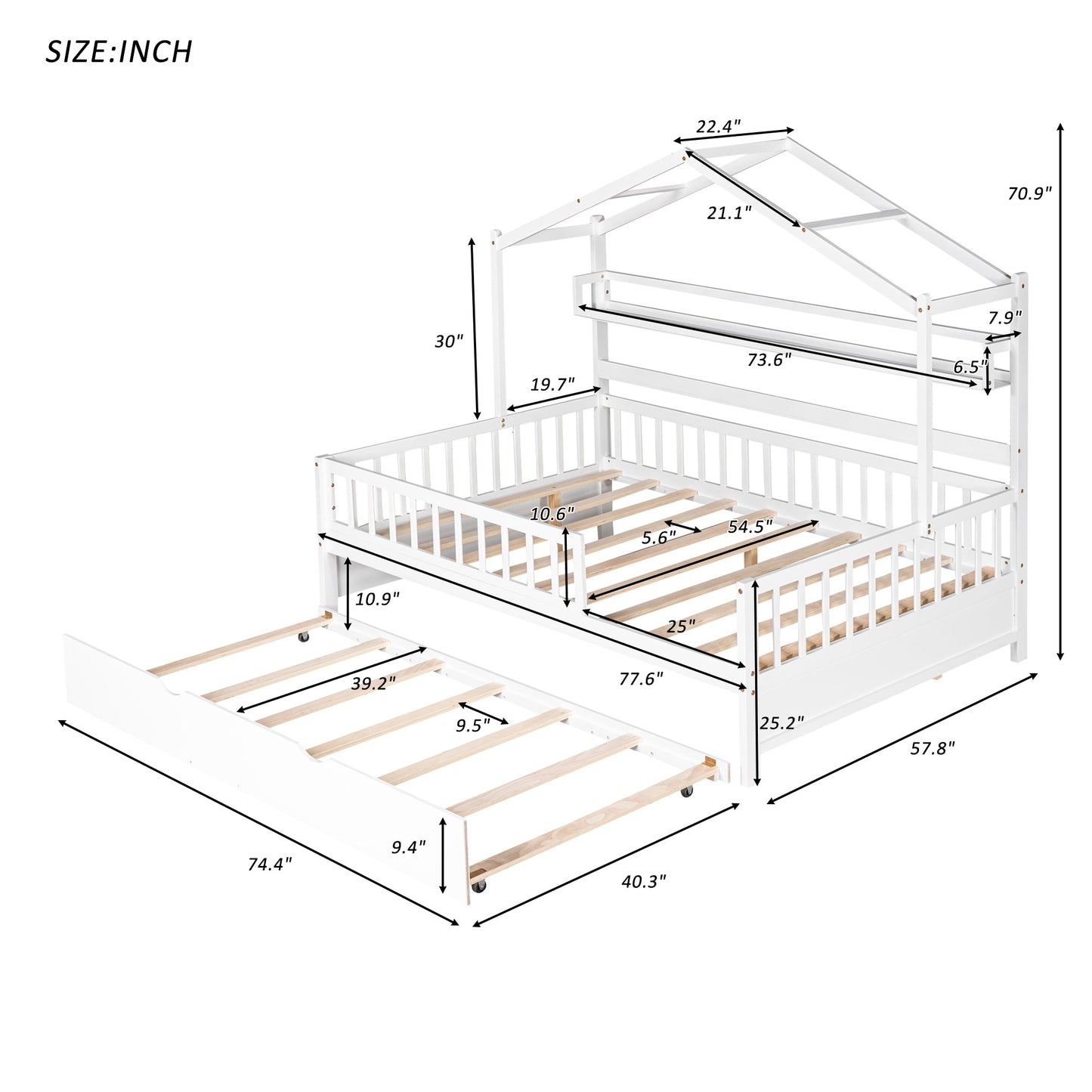 Wooden Full Size House Bed with Twin Size Trundle,Kids Bed with Shelf, White(Old SKU:WF301683AAK)