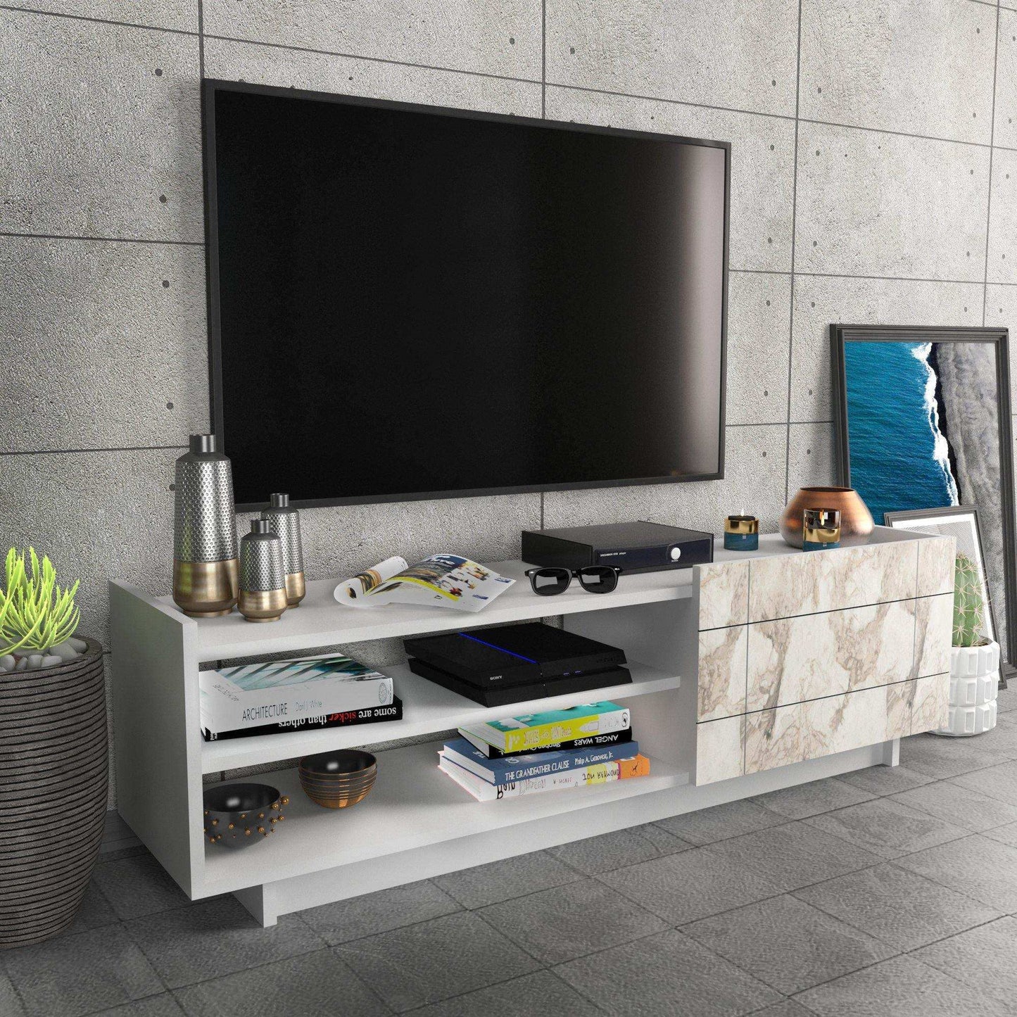 Valantina 55” Wide TV Stand & Media Console with A Cabinet & Shelves for TVs up to 63"
