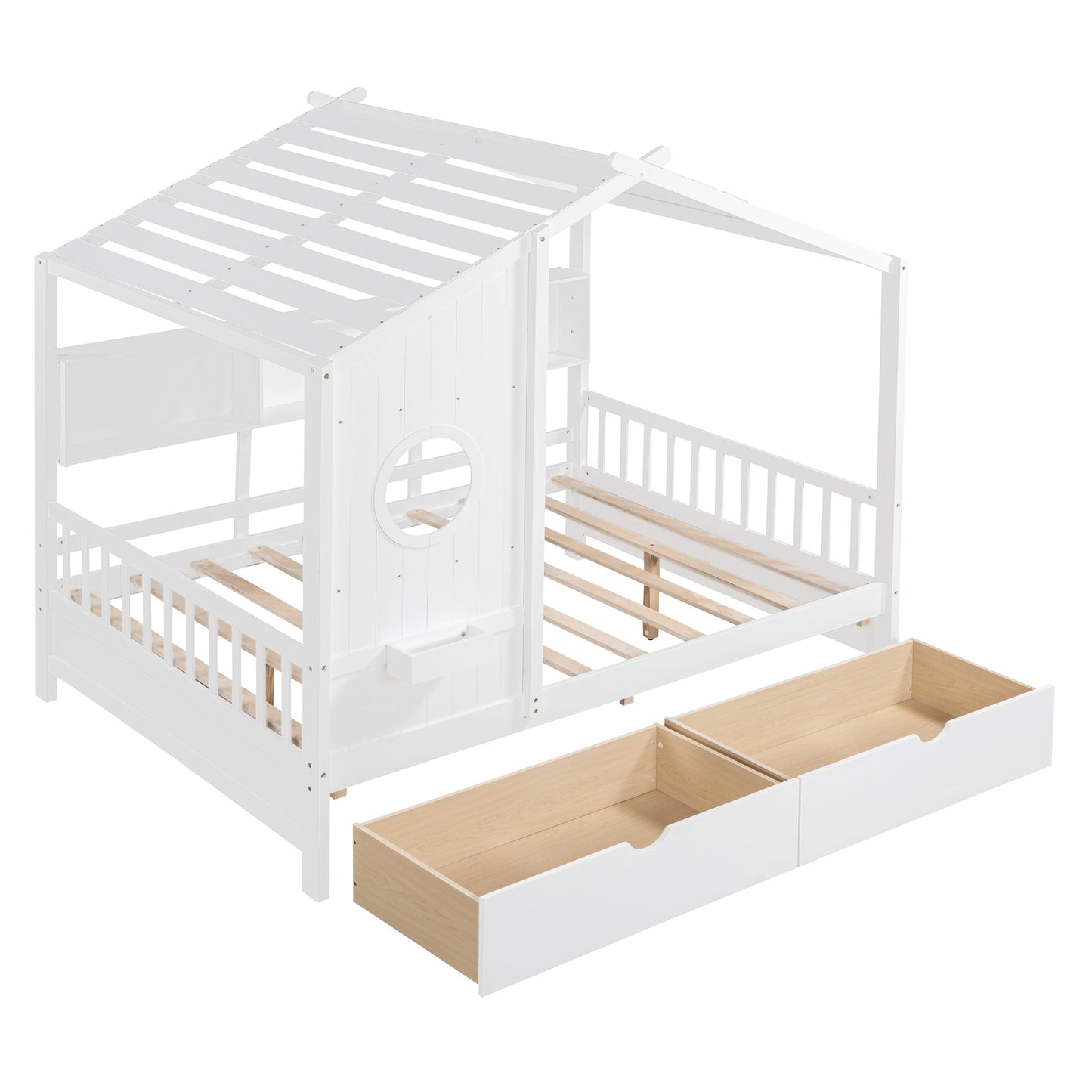 Wooden Full Size House Bed with 2 Drawers,Kids Bed with Storage Shelf, White(Old SKU: HL000052AAK)