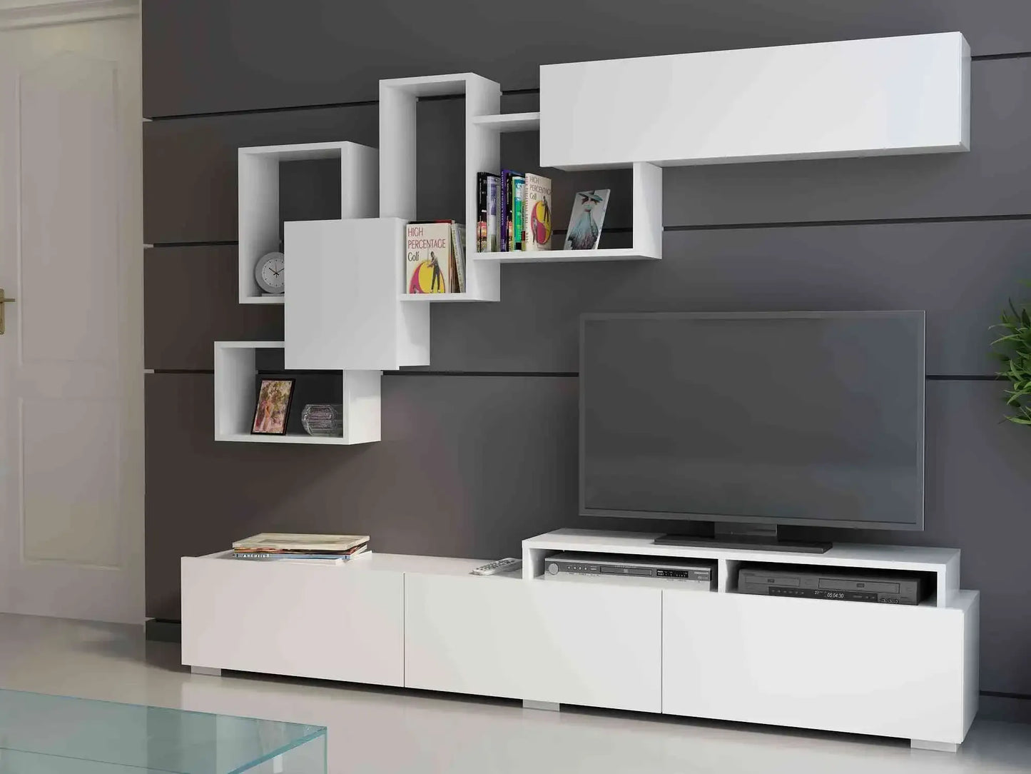 Amor TV Stand Entertainment Center  with Wall Shelf and Cubbies for up to 85'' TVs