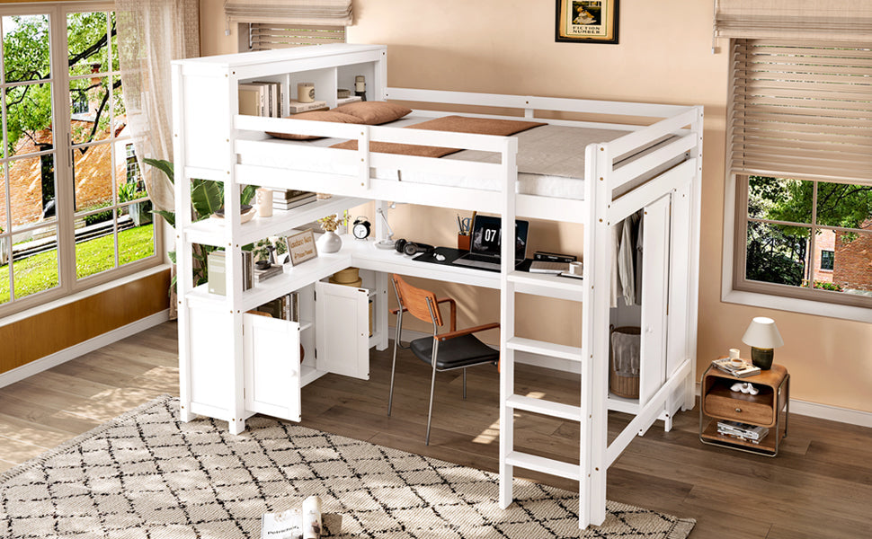 Wood Loft Bed with Cabinet and Bookshelf, Queen Size Loft with Wardrobe and Desk for Kids,White