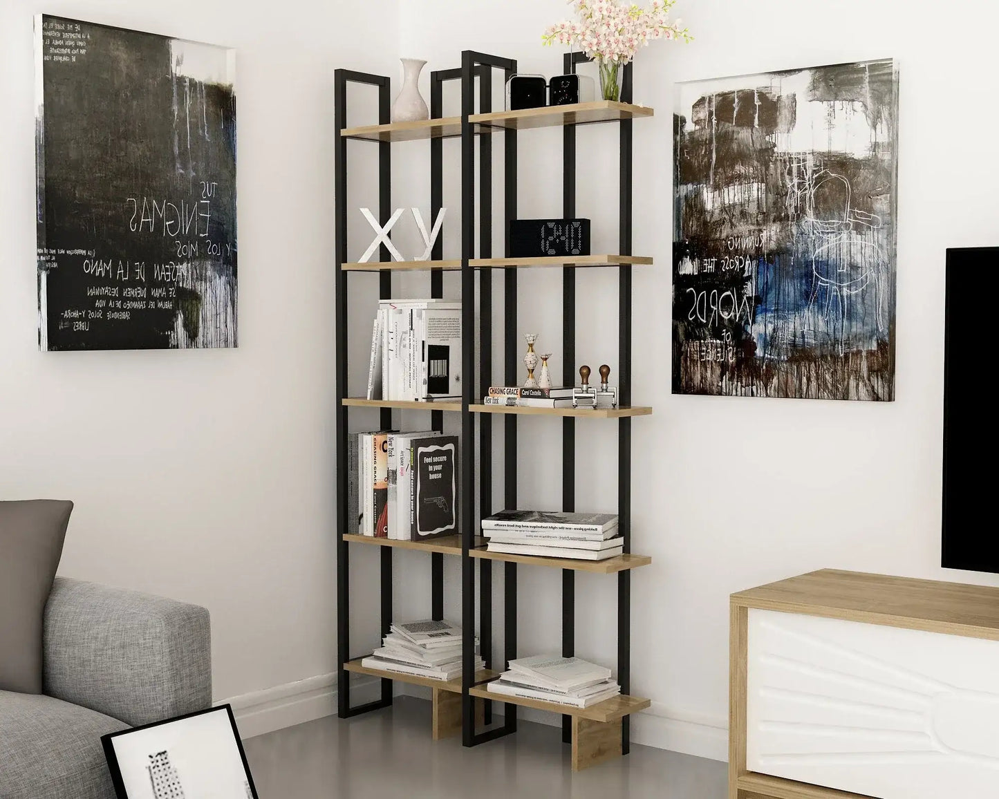 Alice 71" Tall Metal Manufactured Wood Bookcase | Corner Bookcase