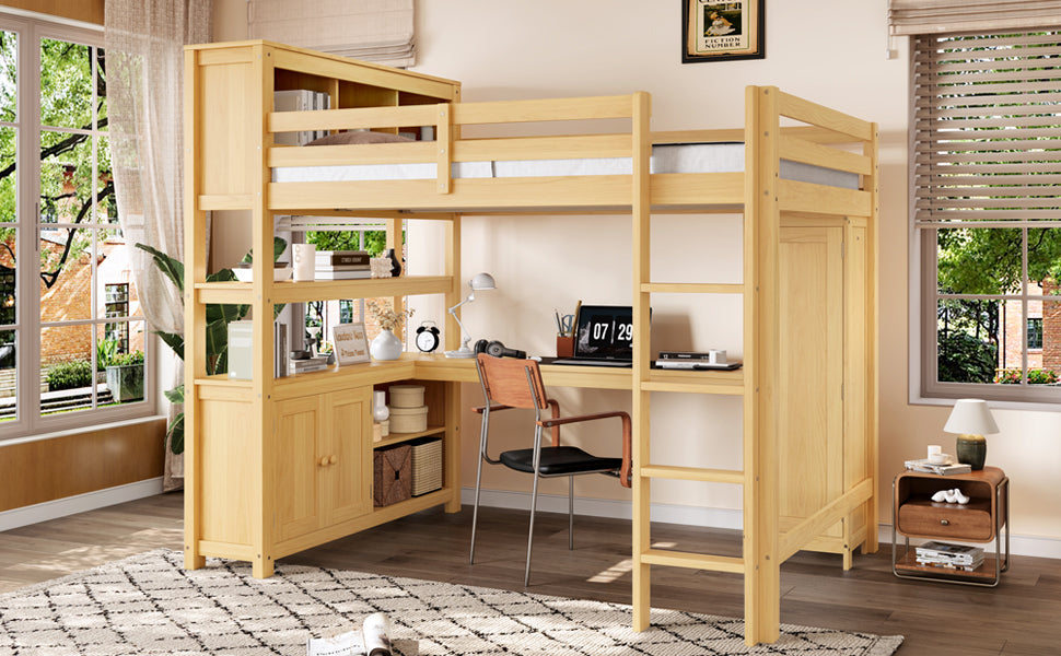 Wood Loft Bed with Cabinet and Bookshelf, Queen Size Loft with Wardrobe and Desk for Kids,Natural