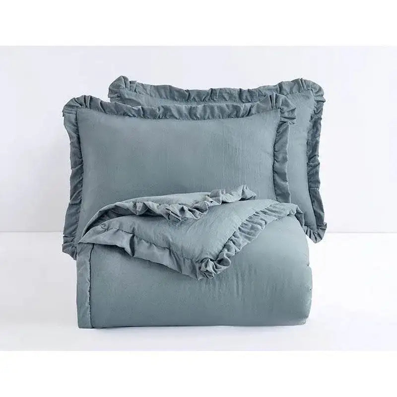 Full Size Blue Stone Washed Ruffled Edge Microfiber 3-Piece Comforter Set
