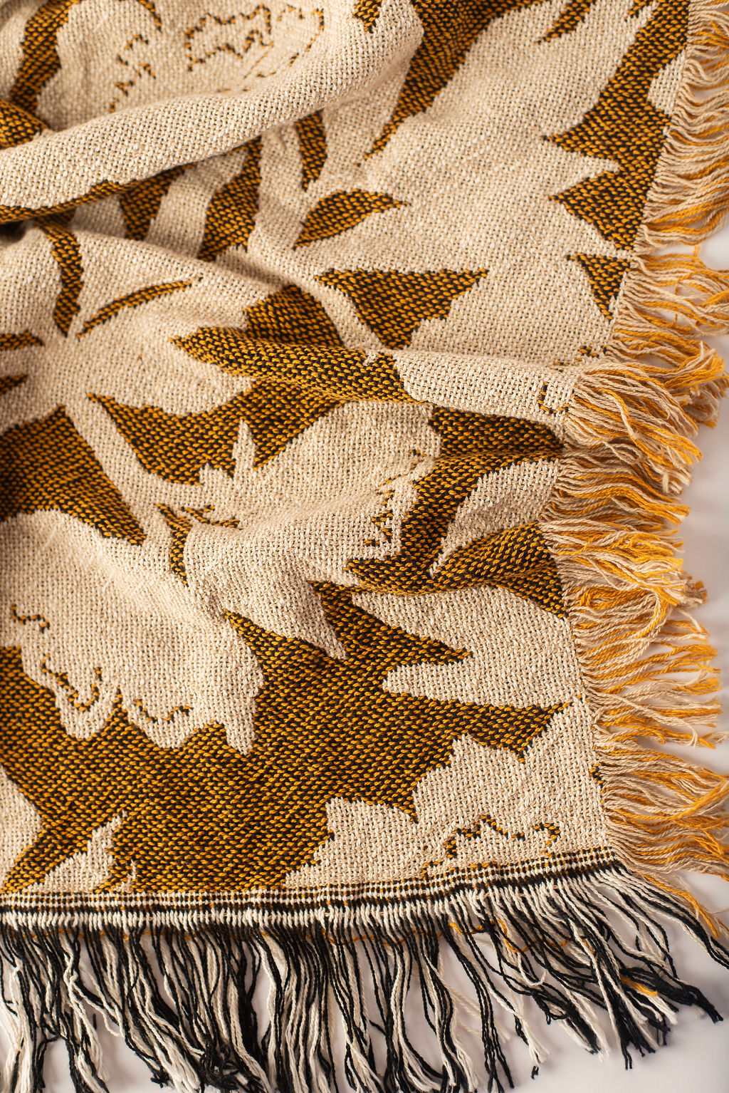 Gold Floral Jacquard Woven Throw Blanket, Reversible Cotton Throw, Made in USA | Addy Ochre