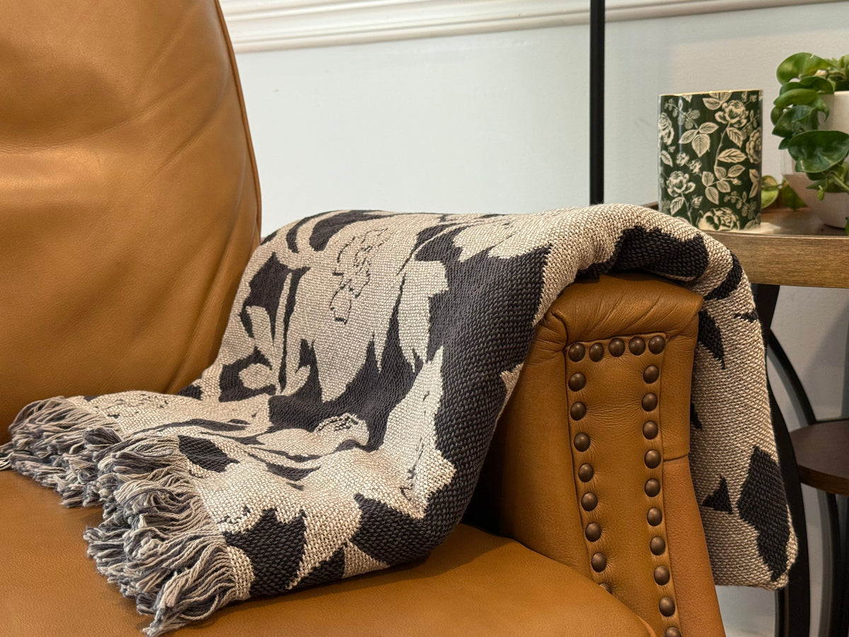 Gold Floral Jacquard Woven Throw Blanket, Reversible Cotton Throw, Made in USA | Addy Ochre