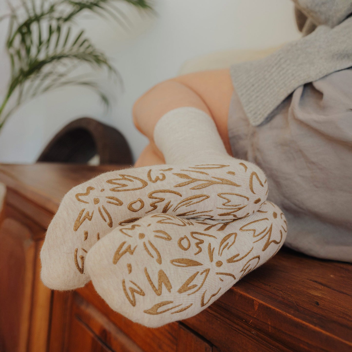 Serene Socks- Adult Organic Cotton Non-Slip Socks-  4 Seasons- Beige- 2 Pairs