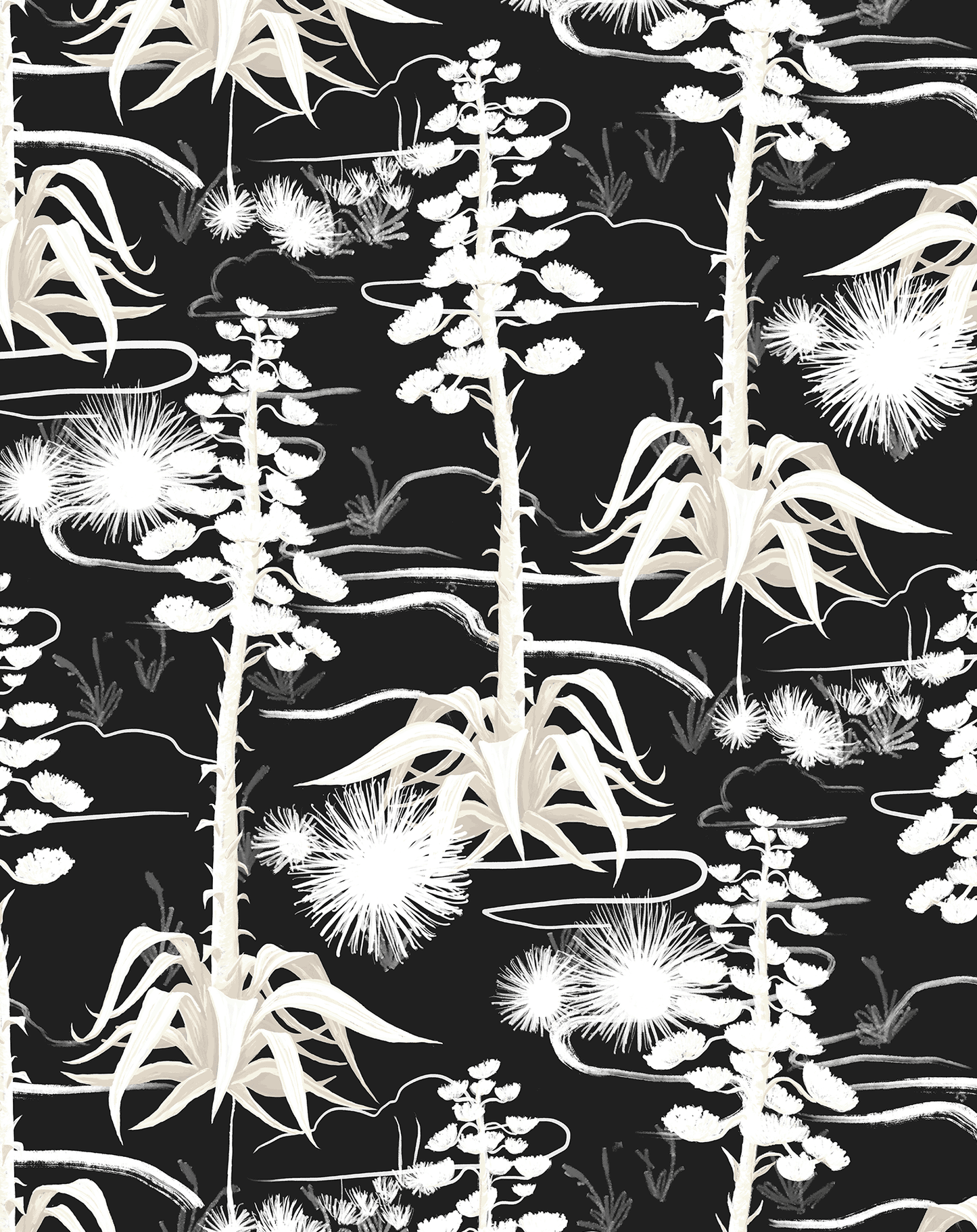 Agave Valley Wallpaper, black and white