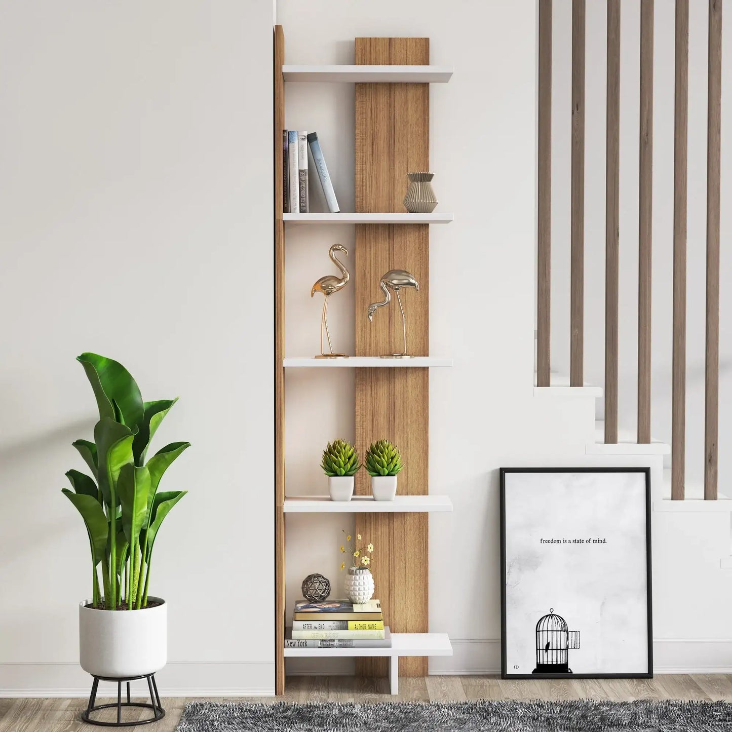 Alice 67” Corner Bookcase – 5-Tier Narrow L-Shaped Wall-Mounted Corner Bookshelf