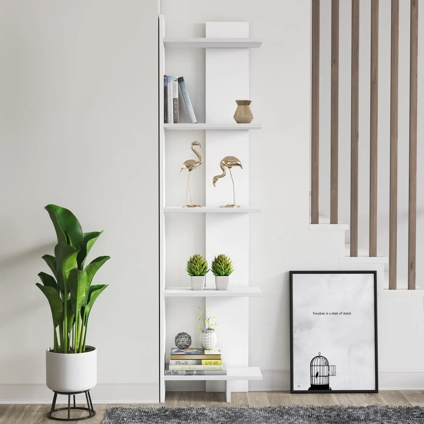 Alice 67” Corner Bookcase – 5-Tier Narrow L-Shaped Wall-Mounted Corner Bookshelf