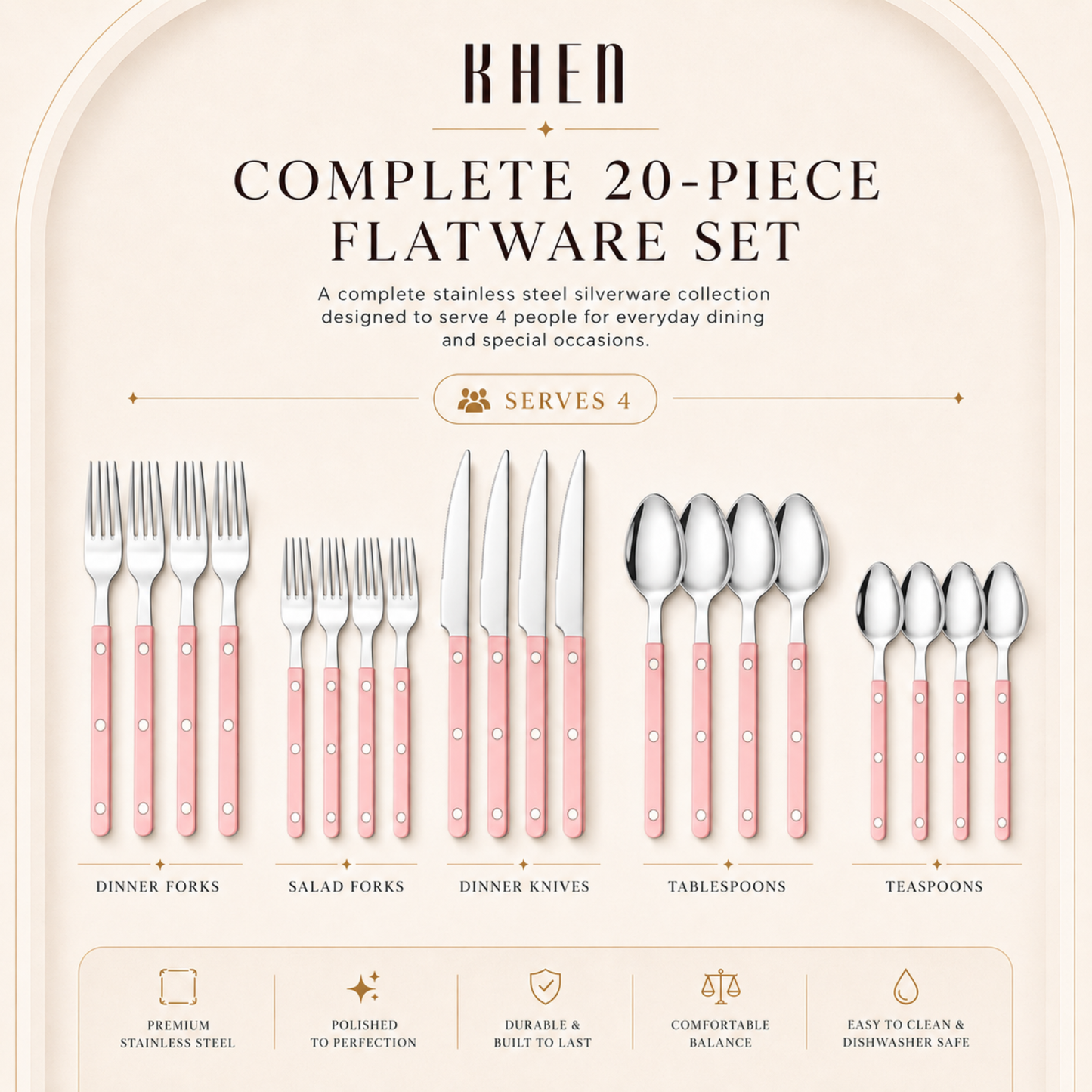 Khen Pink Cutlery Set of 20 –18/8 Stainless Steel Flatware