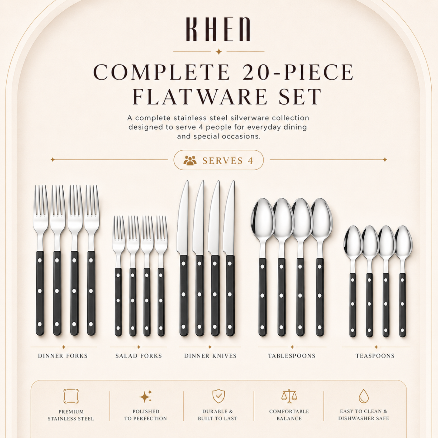 Khen Black Cutlery Set of 20 –18/8 Stainless Steel Flatware