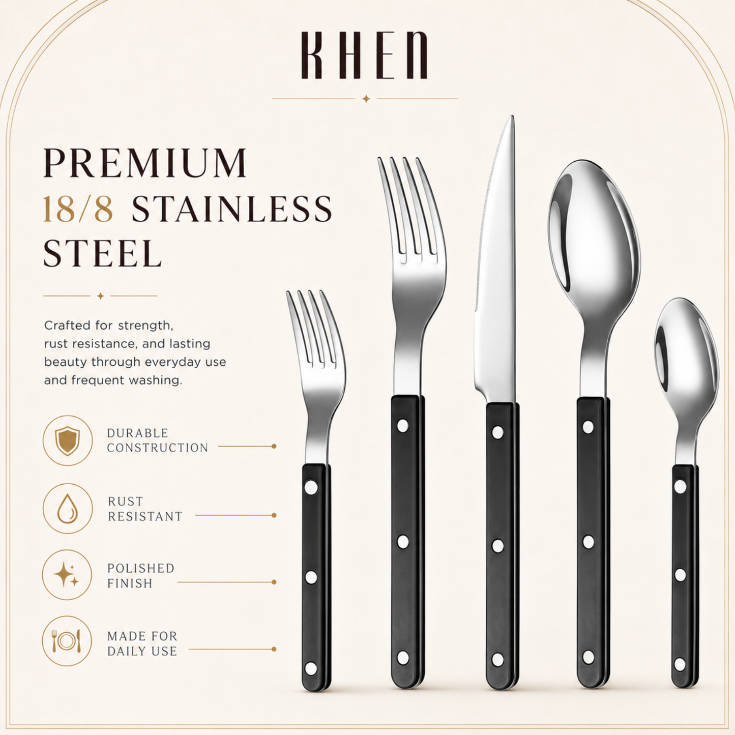 Khen Black Cutlery Set of 20 –18/8 Stainless Steel Flatware