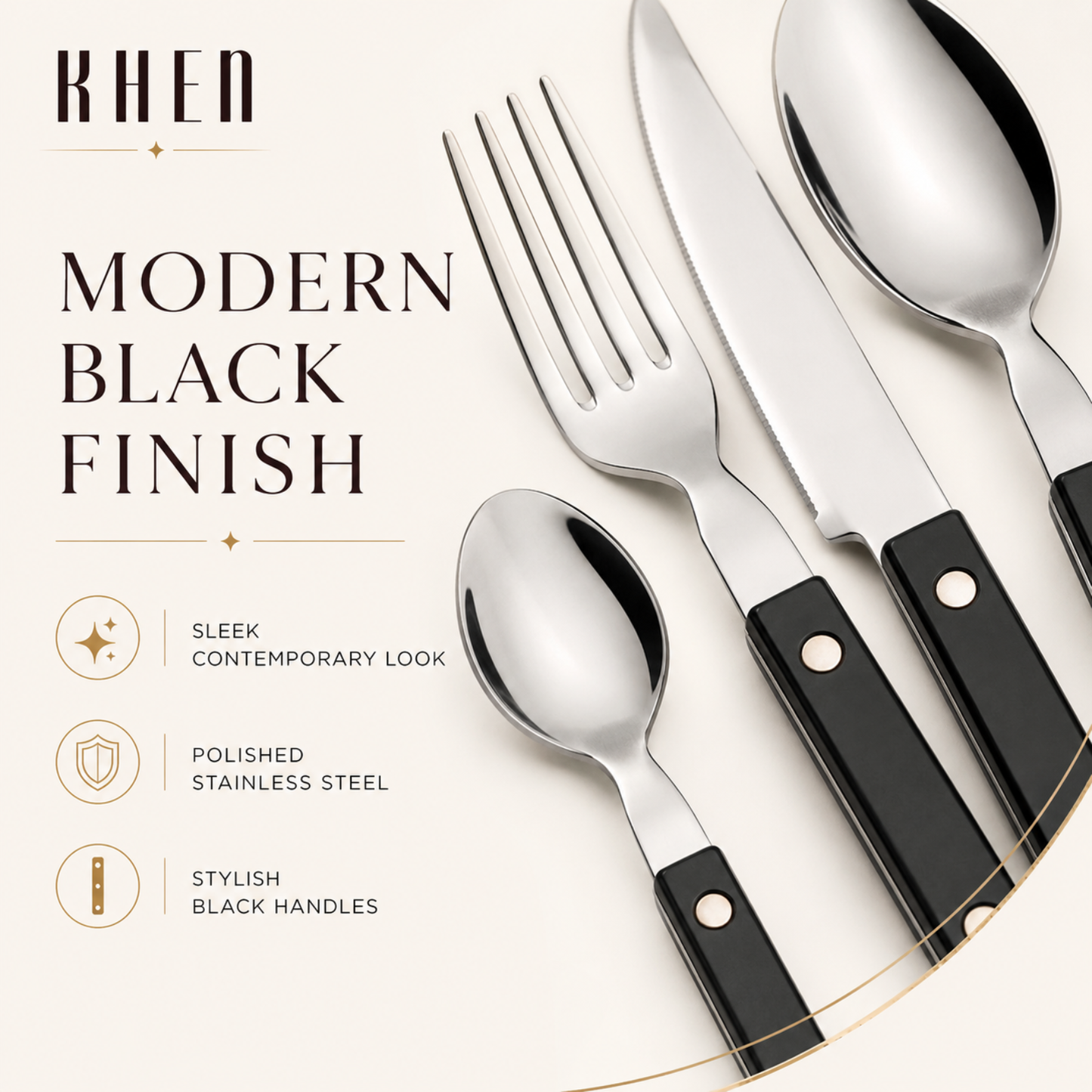Khen Black Cutlery Set of 20 –18/8 Stainless Steel Flatware