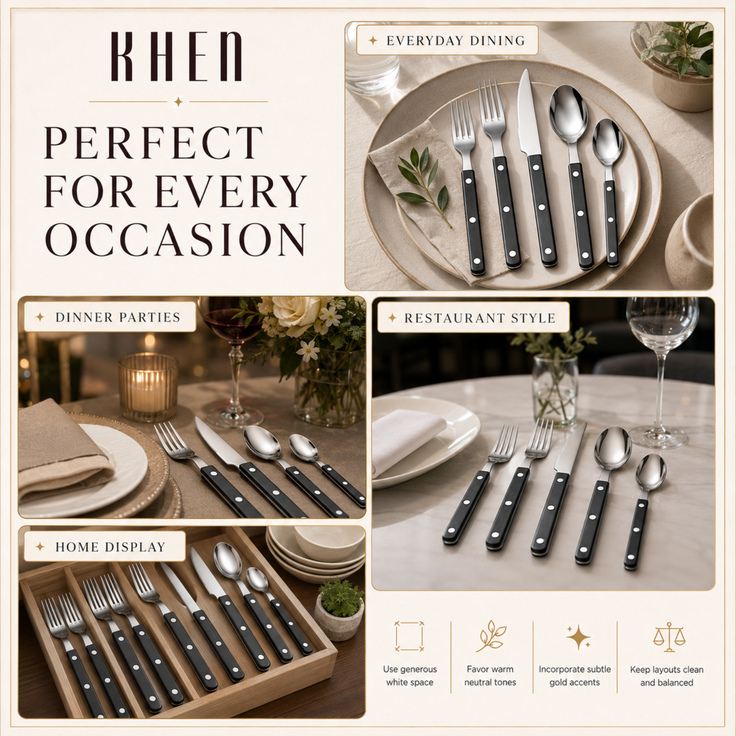 Khen Black Cutlery Set of 20 –18/8 Stainless Steel Flatware
