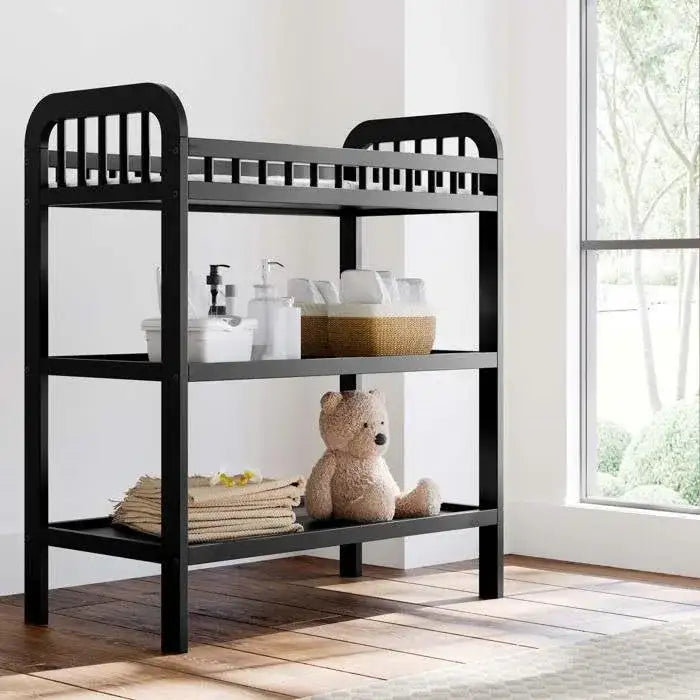 Baby Changing Table in Black Wood Finish with Safety Rail and Changing Pad