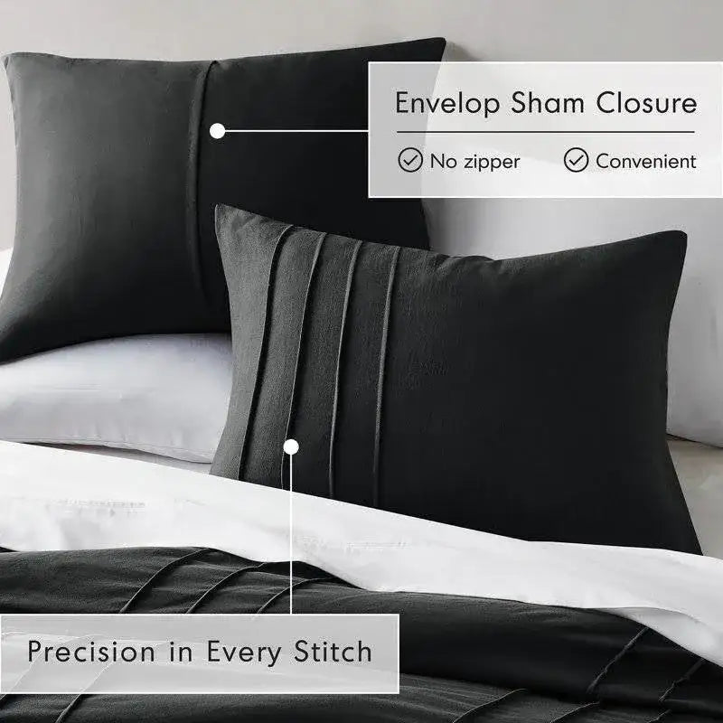 King size Pre-Washed Pleated Microfiber Comforter Set in Black