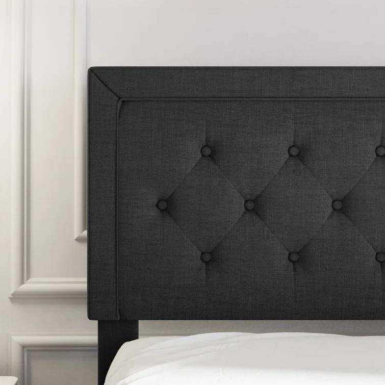 Queen Black Linen Upholstered Platform Bed Frame with Button-Tufted Headboard