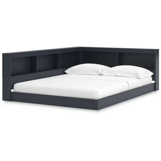 Twin size Blue Wooden Corner Storage Bed with Bookcase Headboard and USB Ports