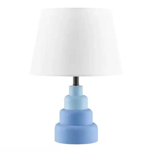 Small Blue Desk Light Table Lamp with White Fabric Shade for Bedside Nightstand