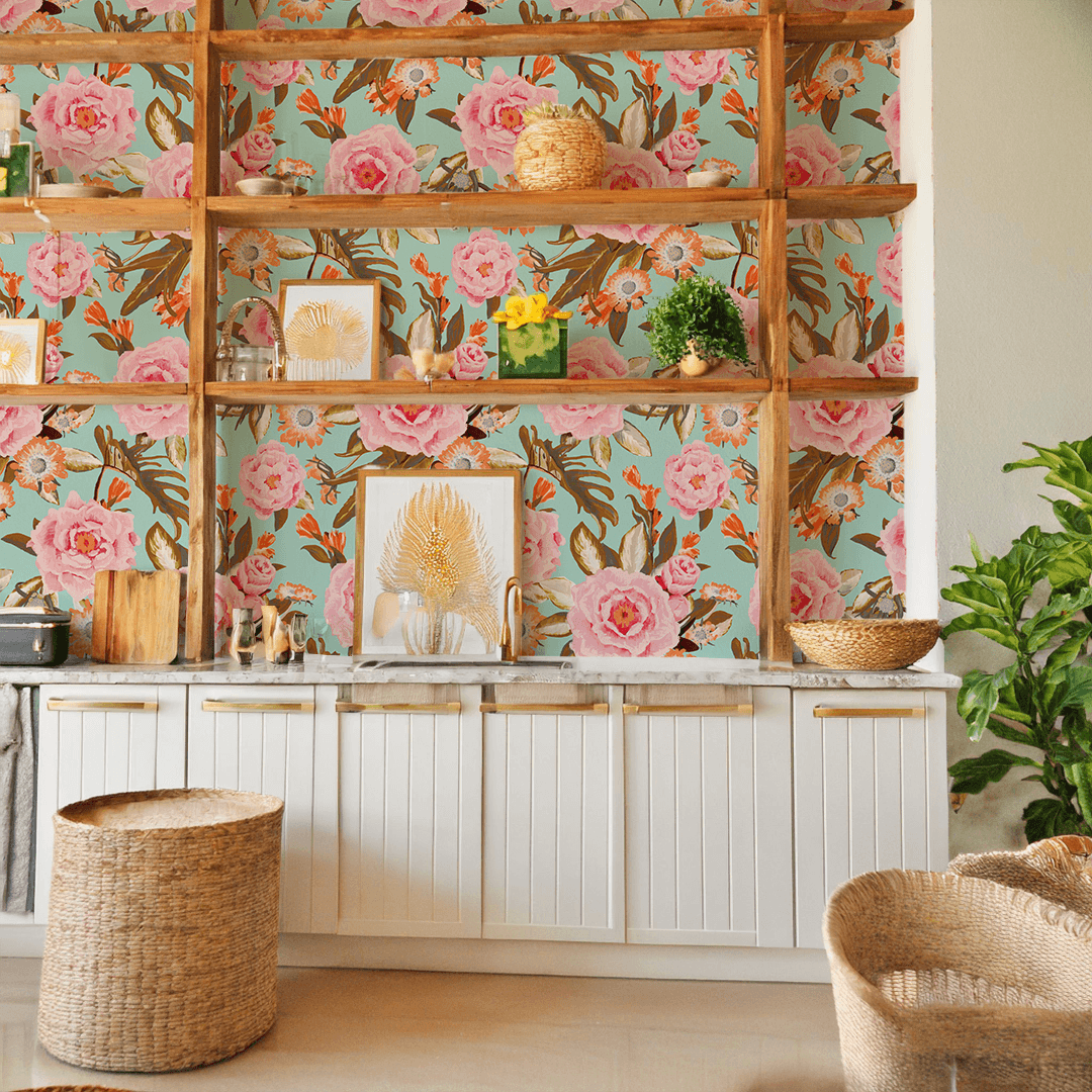 Posh Posy Wallpaper, light blue