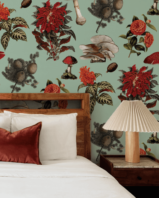 Shrooms Wallpaper, mint and red