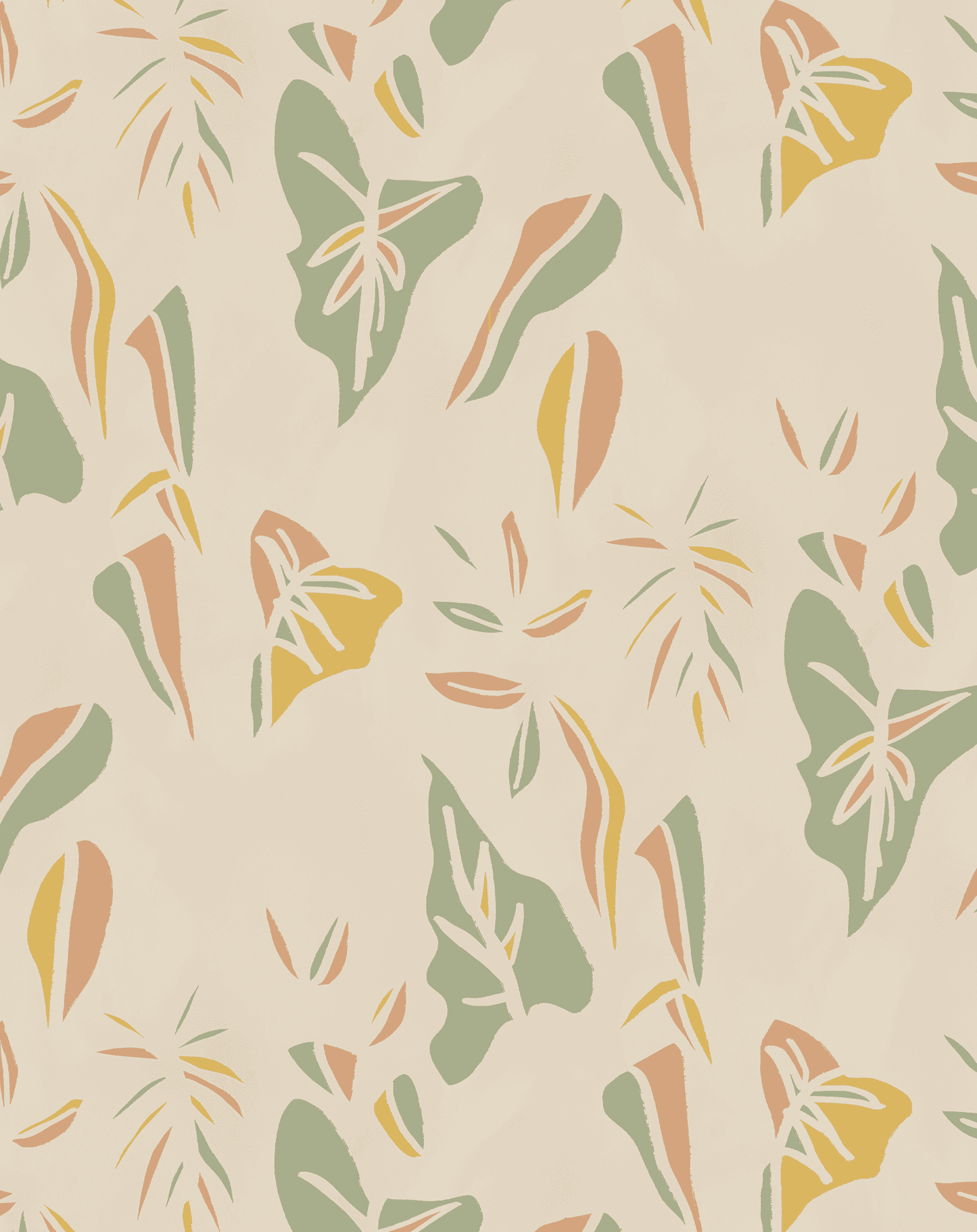 Block Print Foliage Wallpaper, tan and mint