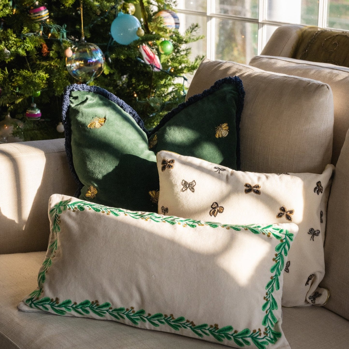 Embroidered border mistletoe pillow, cream cotton velvet