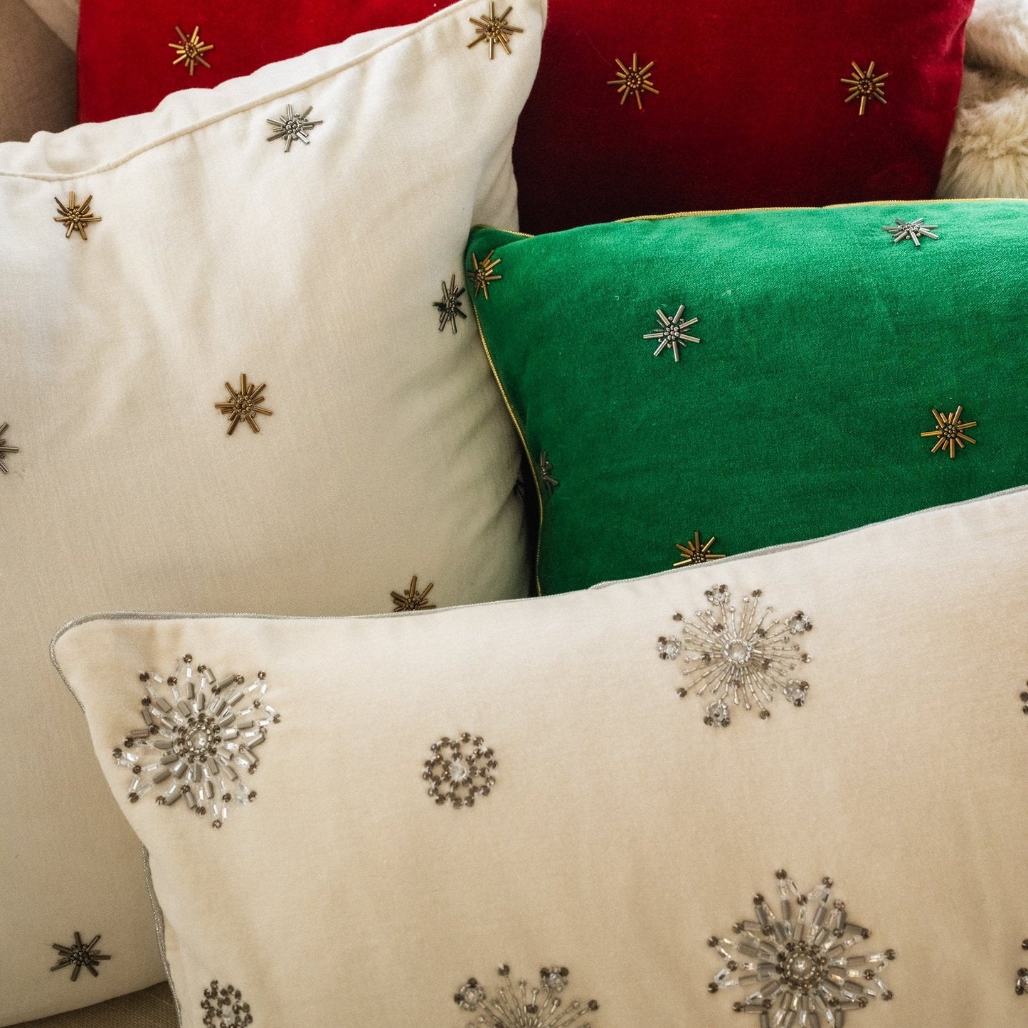 Embroidered star pillow, cream cotton velvet
